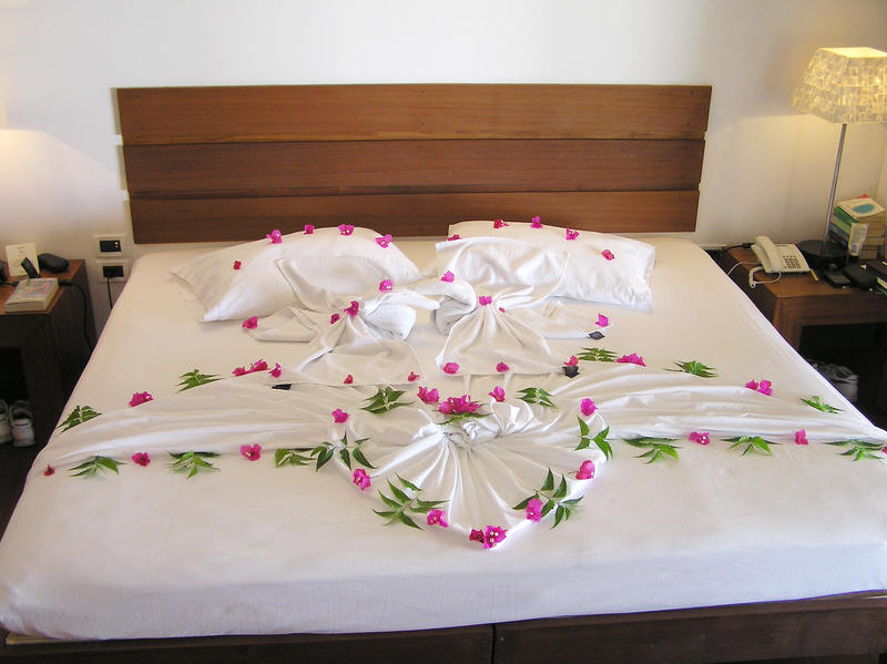 On your last night, you get your bed decorated with bougainvillea by your room boy. (68k)