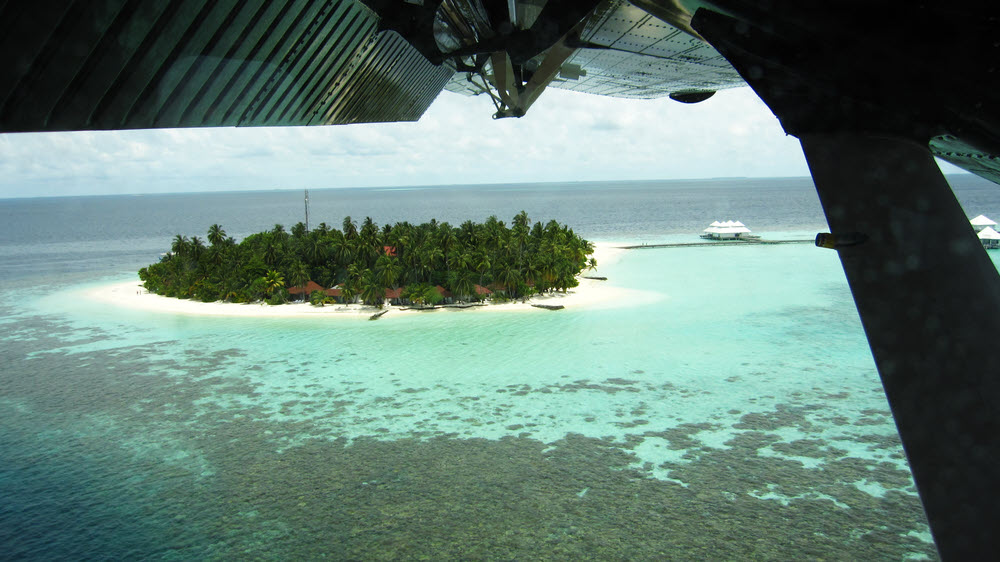 Athuruga Island seen from the seaplane as we come in to land in the lagoon.