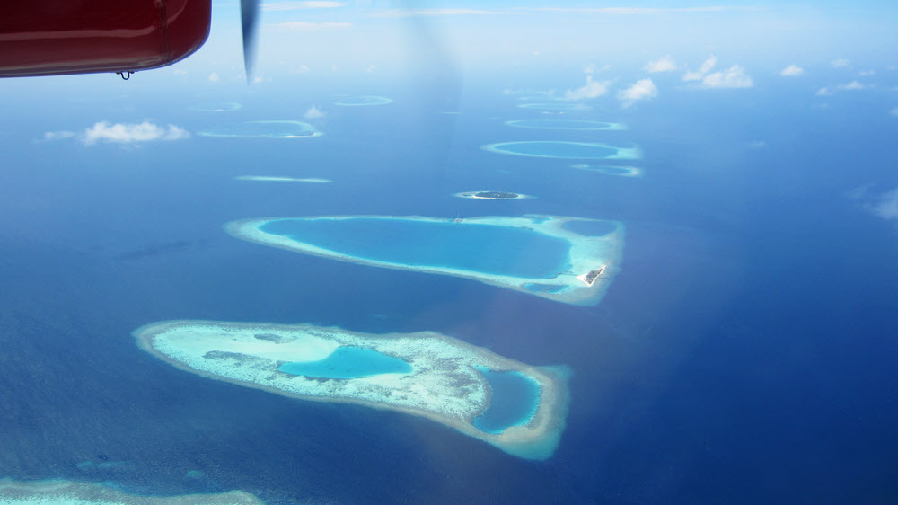 On the seaplane flight to Athuruga. The edge of Ari Atoll stretches off into the distance.