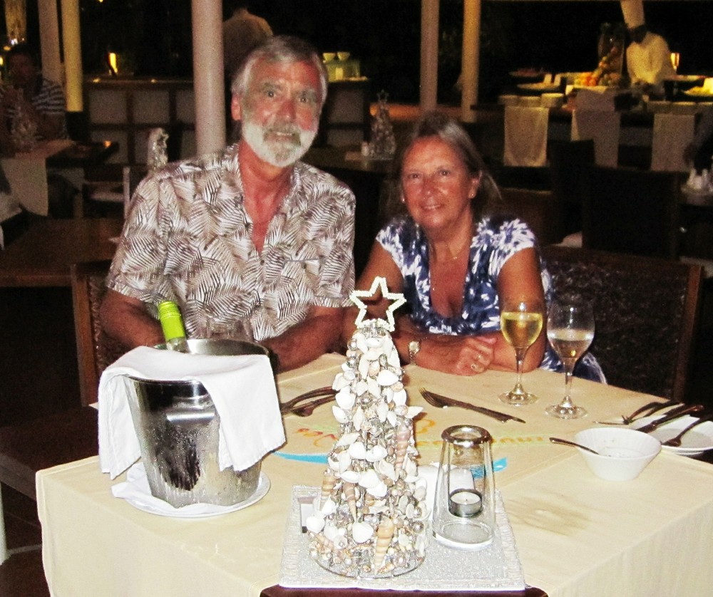 All the restaurant tables are decorated with a Christmas tree made out of shells.