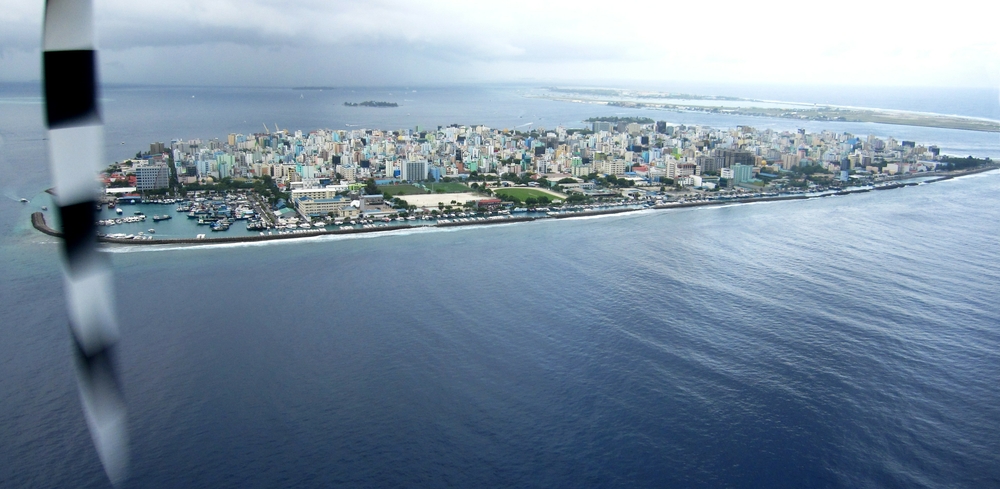 The seaplane flight home at the end of the holiday:  we fly past Male, the smallest capital in the world.