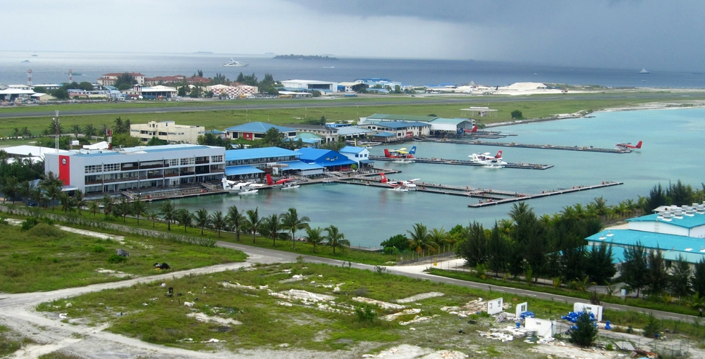 The seaplane terminal. There are normally more Twin Otter floatplanes moored alongide these jetties - they must all be off delivering 
					holidaymakers to resort islands.