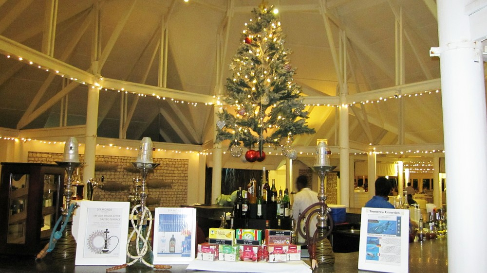 The Christmas tree in the Main Bar is hung from the ceiling. 