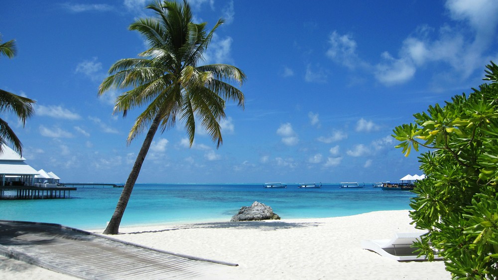 The view from the Main Bar entrance, with the start of the Water Villa jetty on the left.