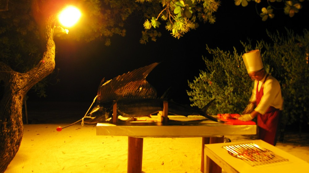 A Sailfish being prepared for the bbq grill at the Main Restaurant. 