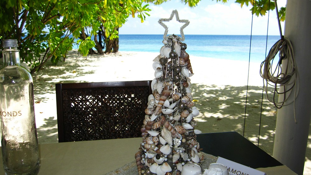 Every table was adorned with a Christmas tree of shells.