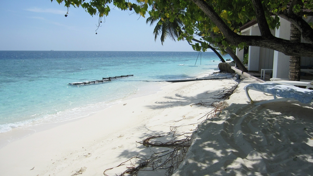 Taken from outside our room, 26, looking to the right over room 27's barely adequate beach to the rooms with no beach at all and the palm tree propped up with an A-frame