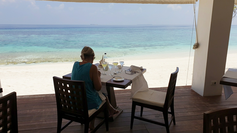 The view from our lunch table in the main restaurant - Linda tucks into an ice cream.