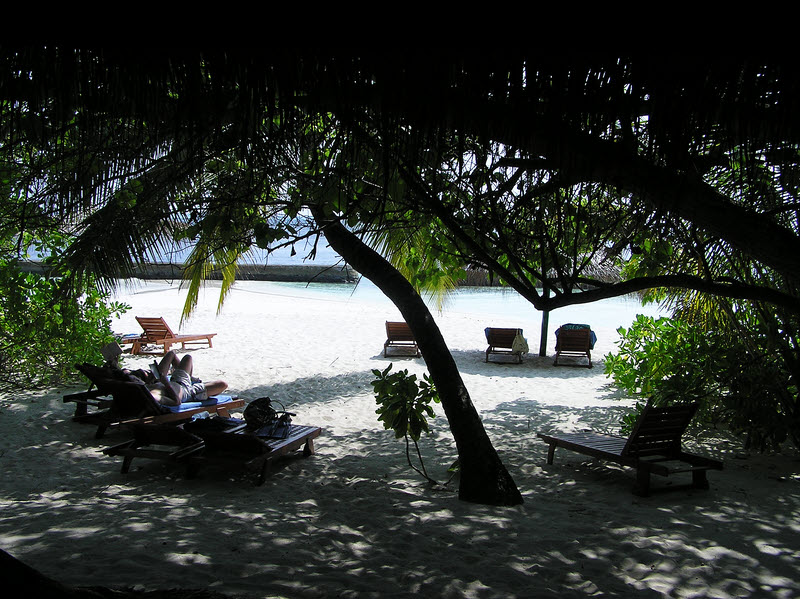 View from the covered veranda out onto the beach.  (170k)