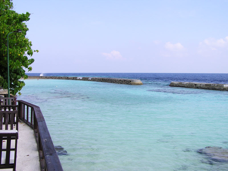 Lagoon area next to the main bar, where stingrays are fed every evening.  (95k)