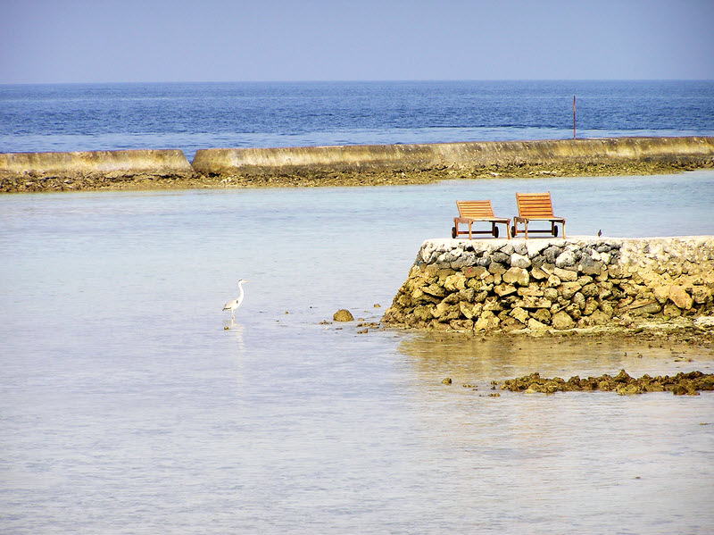 Where there is no beach, there are occasional small jetties with sunbeds. (136k)