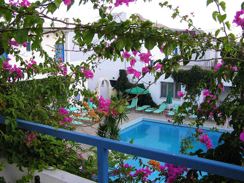 The pool at Kostas-Chrysoulla from a room's balcony.  (100k)