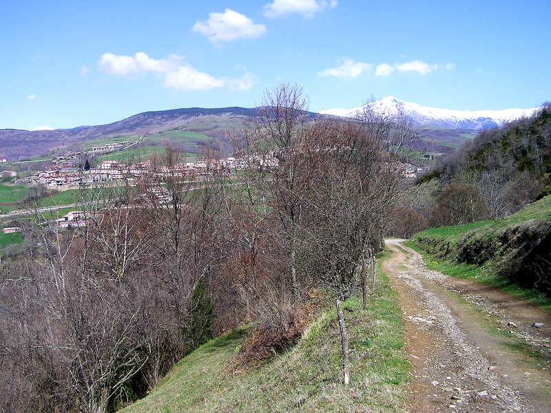 Looking back towards Mollo on the other side of the valley, The high Pyenees in the background. (98k)