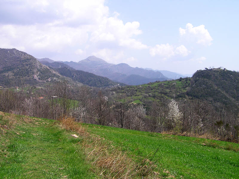 A great spot for lunch beside the trail near Can Pujol, with a good view of the Rocabruna Castle on the hill opposite.  (99k)