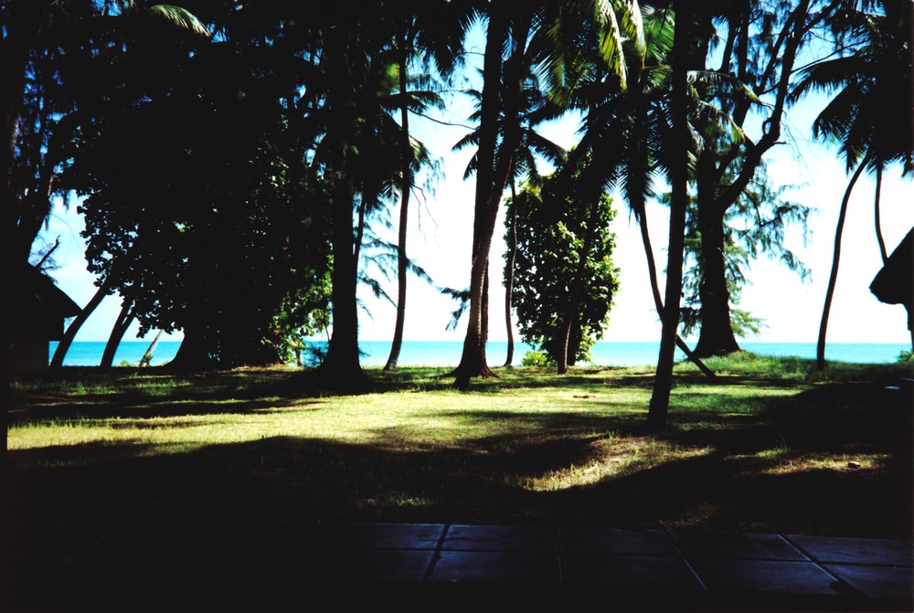 The view from our verandah, looking across the grass to the main beach and the sea beyond.