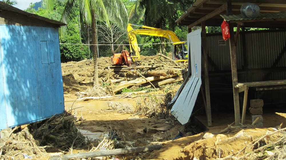 Mud-stained tree-trunks piled up in front of the river (behind the diggers), which overflowed, ripping the corrugated iron wall out from the bottom
        of the vegetable stall to the right. (175k)
