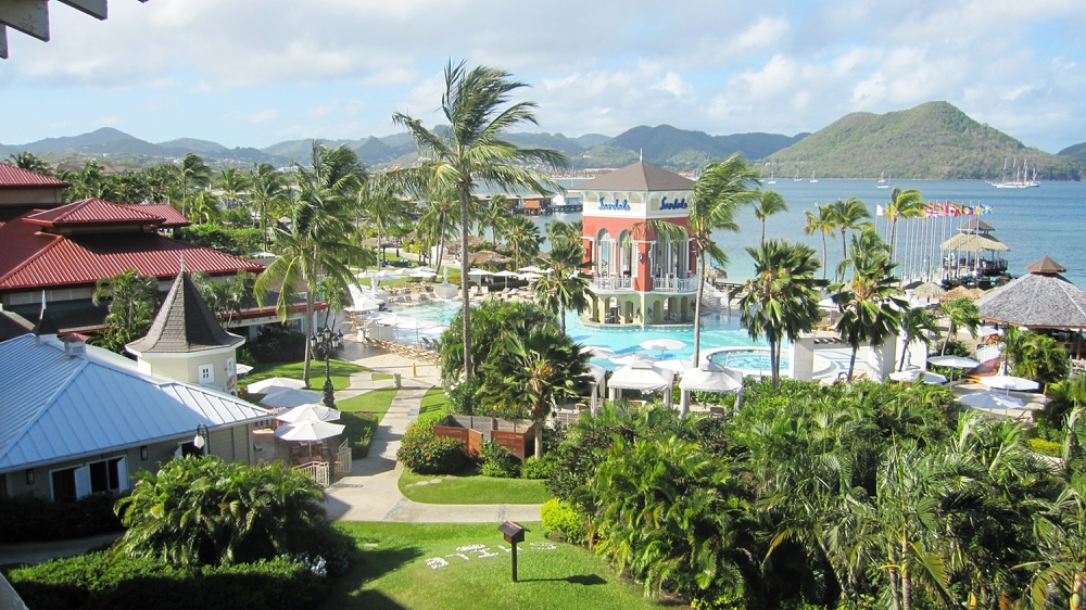 There are plenty of pictures of the room interiors on Sandals' website, so I'll just show a couple taken from our balcony. This
is the view over the main pool and Rodney Bay.