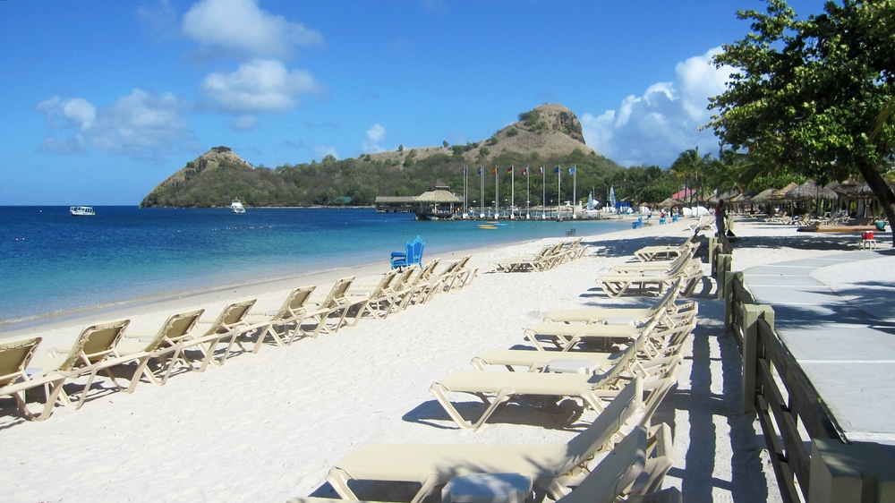 Another view of the beach looking towards Pigeon Island - Fort Rodney on the left-hand peak, Signal Peak on the higher, right-hand peak.