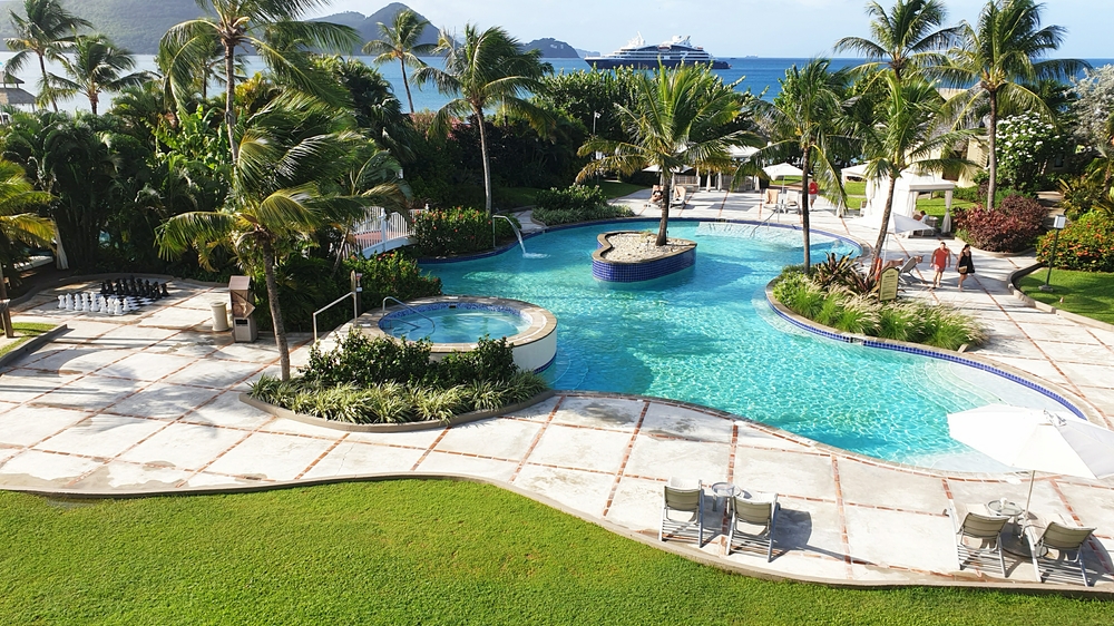 Looking straight out from our room, with the Quiet Pool, a small cruise liner moored in Rodney Bay, and on down the west side of the island.