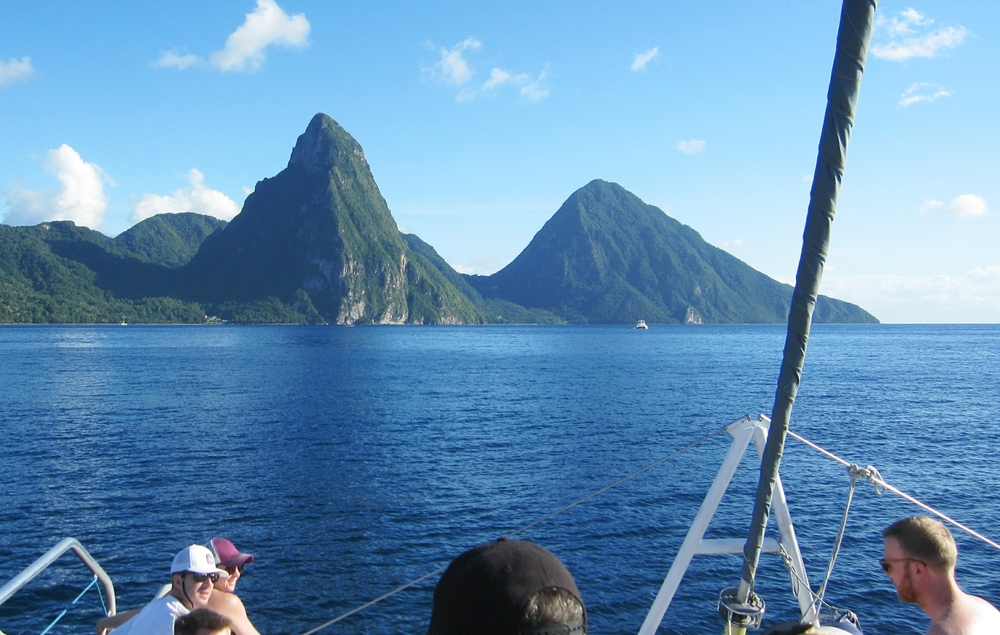 On the Catamaran Sunset Cruise down to the Pitons, with Petit Piton on the left and Grand Piton on the right.