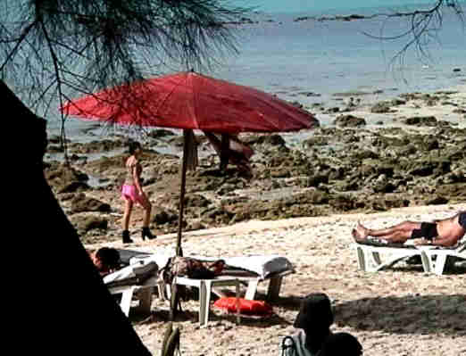 Lots of beach vendors on Choeng Mon beach - snacks, ice-creams, T-shirts, Thai massage, sarongs. I wonder what this nice young lady was
            selling? NB: We only saw her once, and she wasn't pestering anybody. I wouldn't want you to get the wrong impression.....