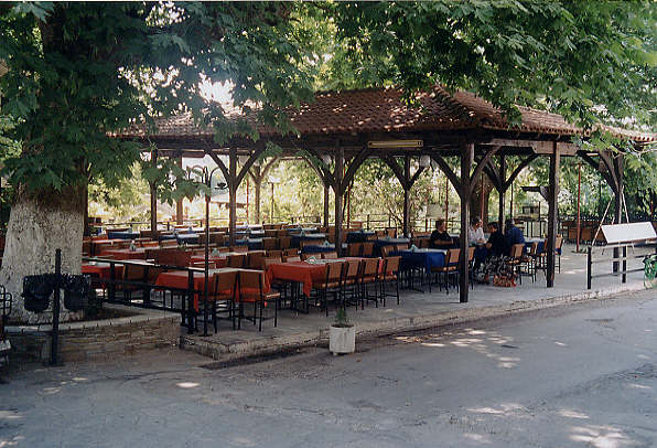 Quiet taverna in a square in the mountain village of Panagia, just above Golden Beach, and well worth a visit.  (67k)
